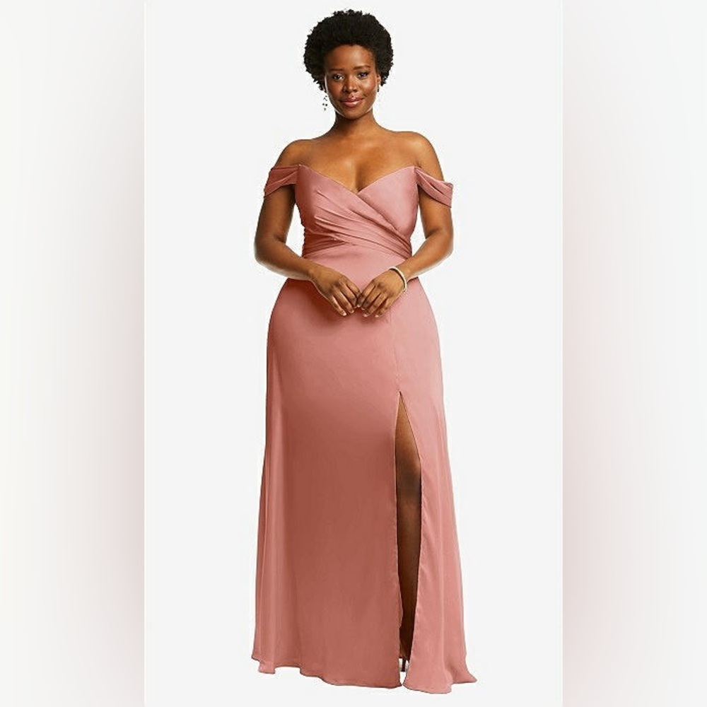 NWOT Dessy Collection Off Shoulder Empire Waist Gown w/ Slit in Desert Rose